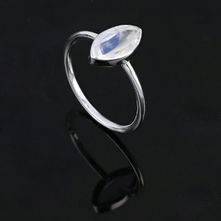 925 Sterling Silver ring rhodium plated with Rainbow Moonstone "navette" shape - 
