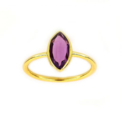 925 Sterling Silver ring gold plated with Amethyst "navette" shape