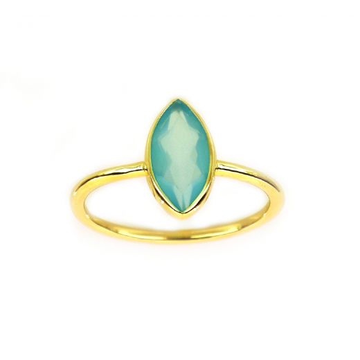 925 Sterling Silver ring gold plated with Aqua Chalcedony "navette" shape