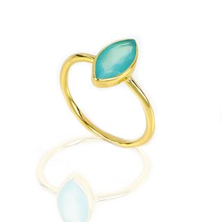 925 Sterling Silver ring gold plated with Aqua Chalcedony "navette" shape - 