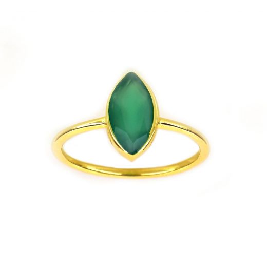 925 Sterling Silver ring gold plated with Green Onyx "navette" shape