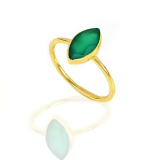 925 Sterling Silver ring gold plated with Green Onyx "navette" shape - 