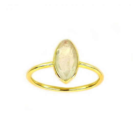 925 Sterling Silver ring gold plated with Rainbow Moonstone "navette" shape