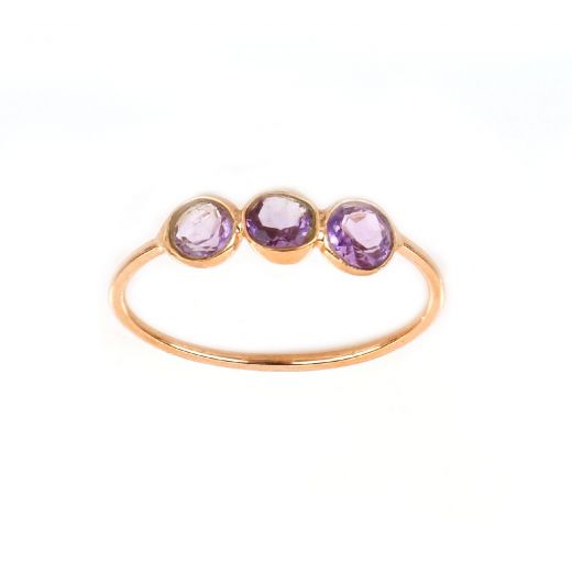 925 Sterling Silver  ring rose gold plated with three round stones of Brazilian Amethyst