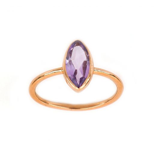 925 Sterling Silver ring rose gold plated with Amethyst  "navette" shape