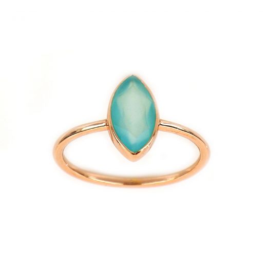 925 Sterling Silver ring rose gold plated with Aqua Chalcedony "navette" shape