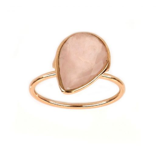 Χειροποίητο ασημένιο δαχτυλίδι με ροζ επιχρύσωμα και ροζ χαλαζία σε σχήμα σταγόνας