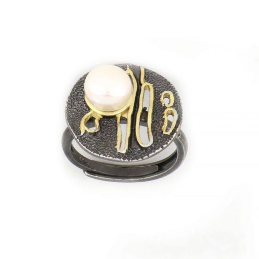 925 Sterling Silver ring ruthenium plated, gold plated and fresh water Pearl DA11048