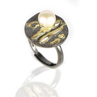 925 Sterling Silver ring ruthenium plated, gold plated and fresh water Pearl DA11048 - 