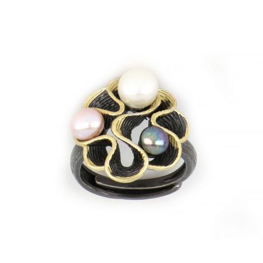 925 Sterling Silver ring ruthenium plated, gold plated and three fresh water Pearls DA11049