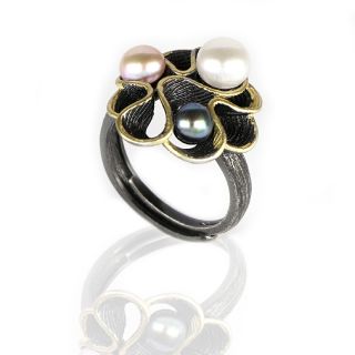 925 Sterling Silver ring ruthenium plated, gold plated and three fresh water Pearls DA11049 - 