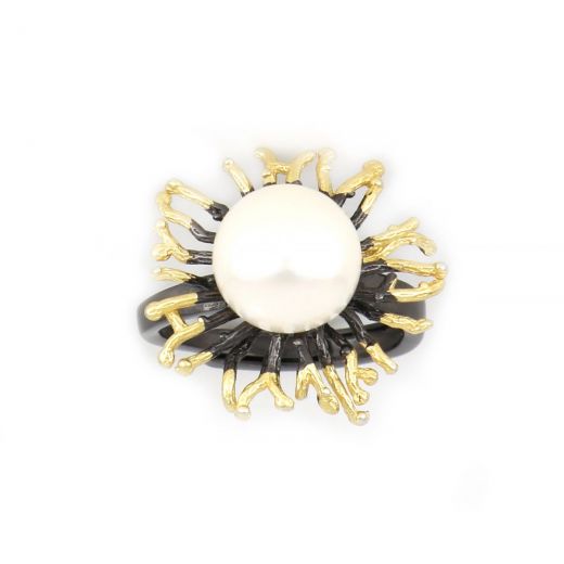 925 Sterling Silver ring ruthenium plated, gold plated and fresh water Pearl DA11050