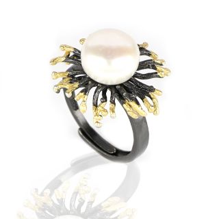 925 Sterling Silver ring ruthenium plated, gold plated and fresh water Pearl DA11050 - 