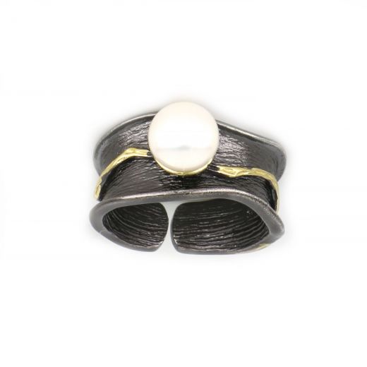 925 Sterling Silver ring ruthenium plated, gold plated and fresh water Pearl DA11051