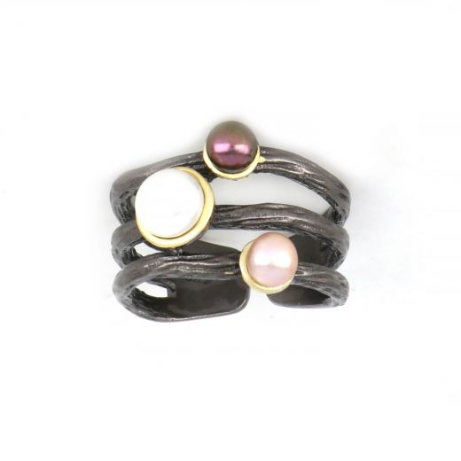 925 Sterling Silver ring ruthenium plated, gold plated and three fresh water Pearl DA11052
