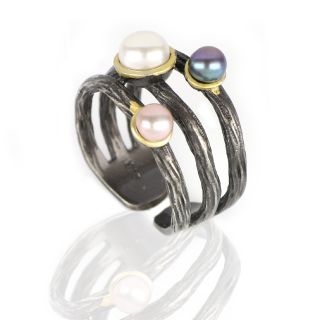 925 Sterling Silver ring ruthenium plated, gold plated and three fresh water Pearl DA11052 - 