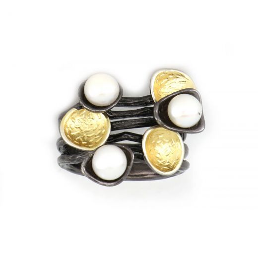 925 Sterling Silver ring ruthenium plated, gold plated and three fresh water Pearl DA11053