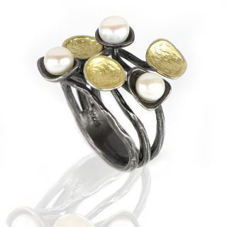 925 Sterling Silver ring ruthenium plated, gold plated and three fresh water Pearl DA11053 - 