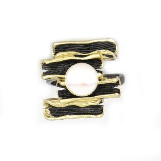 925 Sterling Silver ring ruthenium plated, gold plated and fresh water Pearl DA11054