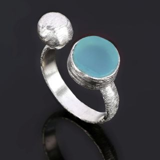 925 Sterling Silver ring rhodium plated with aqua chalcedony (9 mm) - 