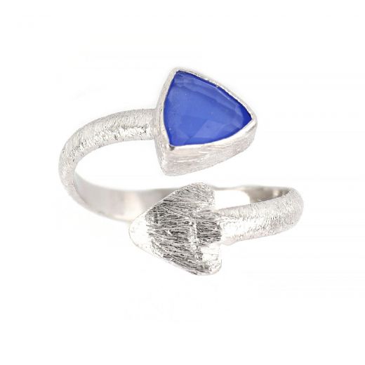 925 Sterling Silver ring rhodium plated with blue chalcedony in triangle shape