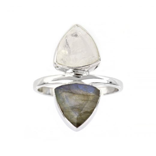 925 Sterling Silver ring rhodium plated with rainbow moonstone and labradorite in triangle shape