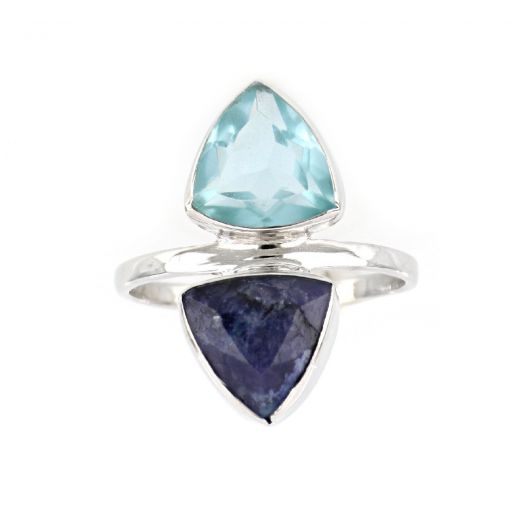 925 Sterling Silver ring rhodium plated with aventurine and blue quartz