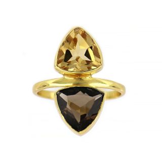 925 Sterling Silver ring gold plated with citrine and smoky - 