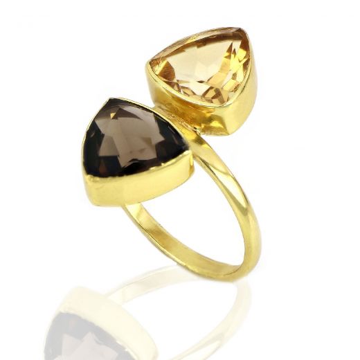 925 Sterling Silver ring gold plated with citrine and smoky