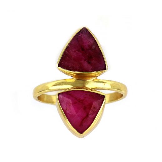 925 Sterling Silver ring gold plated with aventurine in triangle shape