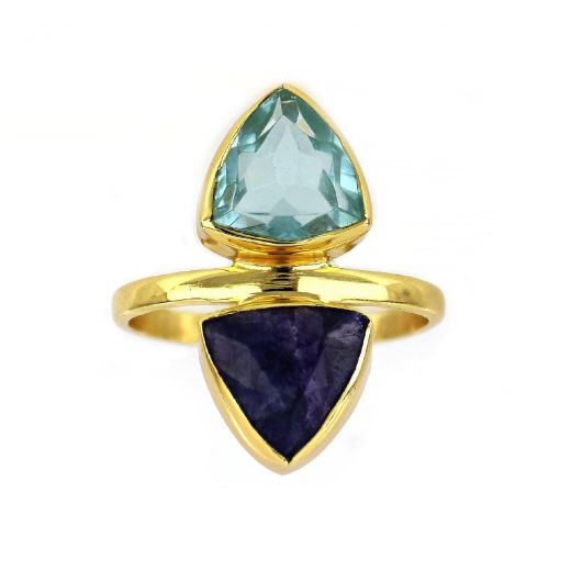 925 Sterling Silver ring gold plated with aventurine and blue quartz in triangle shape
