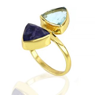 925 Sterling Silver ring gold plated with aventurine and blue quartz in triangle shape - 