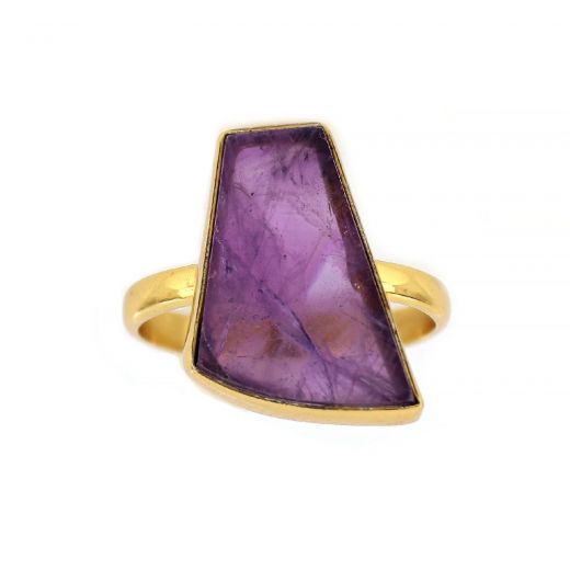 925 Sterling Silver ring gold plated with amethyst in asymmetric shape