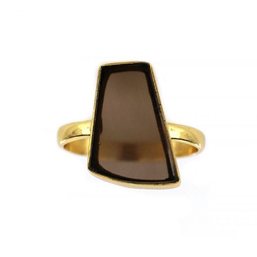 925 Sterling Silver ring gold plated with smoky quartz in asymmetric shape