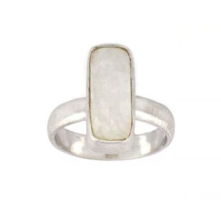 925 Sterling Silver ring rhodium plated with rainbow moonstone in rectangular shape
