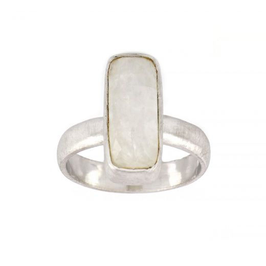 925 Sterling Silver ring rhodium plated with rainbow moonstone in rectangular shape