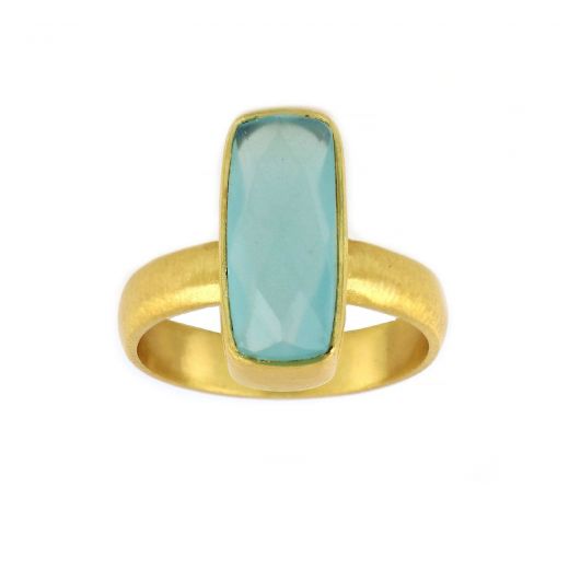 925 Sterling Silver ring gold plated with aqua chalcedony in rectangular shape