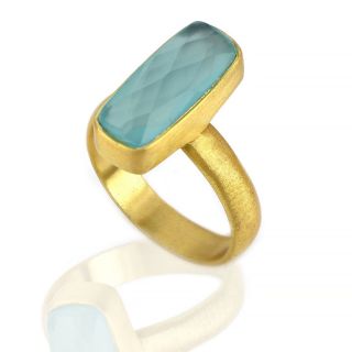 925 Sterling Silver ring gold plated with aqua chalcedony in rectangular shape - 