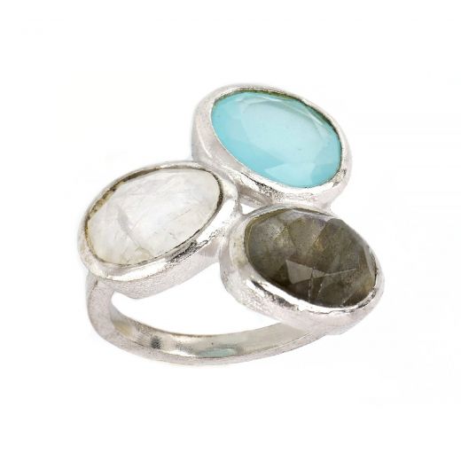 925 Sterling Silver ring rhodium plated with aqua chalcedony, rainbow moonstone and labradorite (20 x 20 mm)