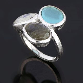 925 Sterling Silver ring rhodium plated with aqua chalcedony, rainbow moonstone and labradorite (20 x 20 mm) - 