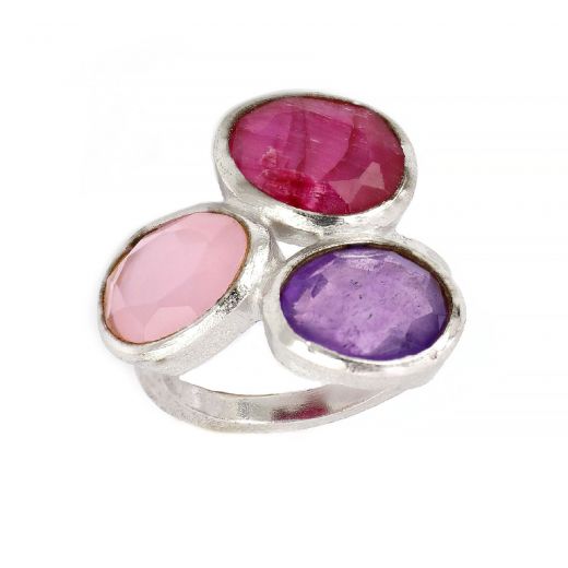 925 Sterling Silver ring rhodium plated with rose chalcedony. aventurine and amethyst