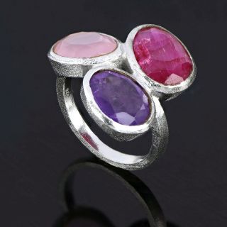 925 Sterling Silver ring rhodium plated with rose chalcedony. aventurine and amethyst - 