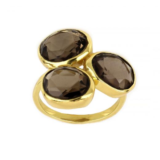 925 Sterling Silver ring gold plated with three stones smoky quartz