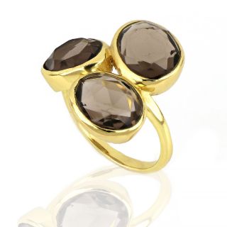 925 Sterling Silver ring gold plated with three stones smoky quartz - 