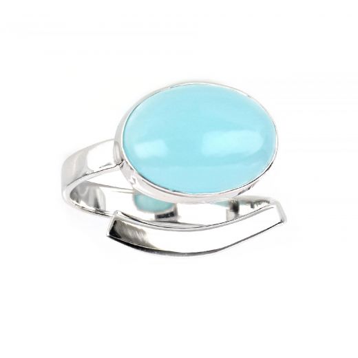 925 Sterling Silver ring rhodium plated with oval aqua chalcedony (11 x 15mm)