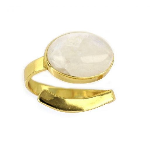 925 Sterling Silver ring gold plated with oval rainbow moonstone (11 x 15 mm)