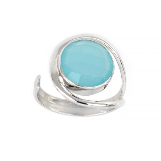 925 Sterling Silver ring rhodium plated with round aqua chalcedony (12 mm)