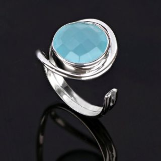 925 Sterling Silver ring rhodium plated with round aqua chalcedony (12 mm) - 
