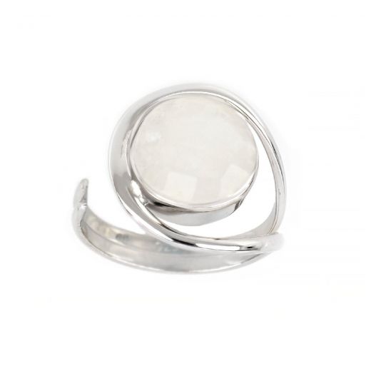 925 Sterling Silver ring rhodium plated with round rainbow moonstone (12 mm)