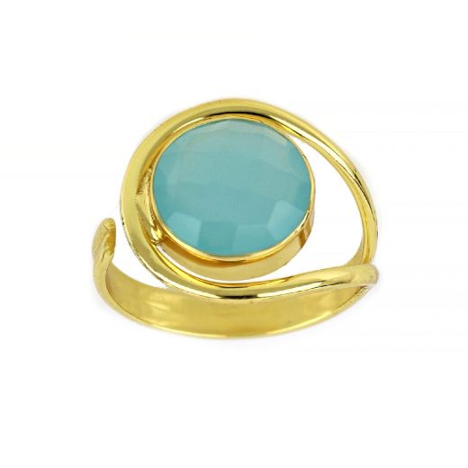925 Sterling Silver ring gold plated with round aqua chalcedony (12 mm)